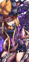 Rule 34 | 1girl, abigail williams (fate), absurdres, black bow, black dress, black hat, blonde hair, bow, commentary request, corruption, dress, enin, evil smile, fate/grand order, fate (series), hat, heterochromia, highres, keyhole, long hair, looking at viewer, navel, orange bow, polka dot, polka dot bow, purple eyes, smile, solo, space, tentacles, white background