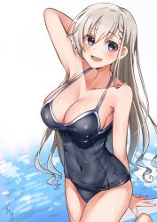 Rule 34 | 1girl, blue eyes, braid, braided bangs, breasts, cleavage, commentary request, covered navel, cowboy shot, grey hair, grey one-piece swimsuit, highres, hisakawa hayate, idolmaster, idolmaster cinderella girls, large breasts, long hair, looking at viewer, mabanna, one-piece swimsuit, school swimsuit, signature, simple background, solo, standing, standing on one leg, swimsuit, water, white background