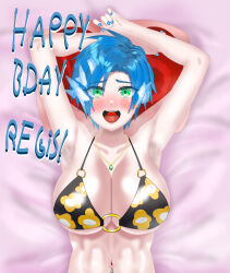 Rule 34 | 1girl, absurdres, alternate breast size, armpit crease, armpit stubble, armpits, bed, bedroom, bikini, bikini top only, black bikini, blue hair, blue nail polish, blue nails, breasts, cleavage, cosplay, eddarxart, english text, eyes visible through hair, female focus, flower print, furrowed brow, genderswap, genderswap (mtf), green eyes, happy, happy birthday, highres, holostars, holostars english, holotempus, ice, in bed, jewelry, kitagawa marin, kitagawa marin (cosplay), large breasts, looking at viewer, lying, midriff, nail polish, navel, navel piercing, necklace, on back, piercing, regis altare, solo, sono bisque doll wa koi wo suru, swimsuit, upper body, virtual youtuber, waiting for kiss, yes-no pillow