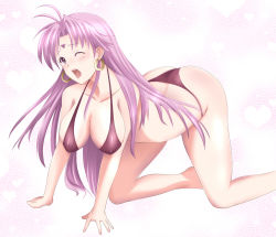 Rule 34 | 1girl, all fours, ass, bare shoulders, bikini, blush, bra, breasts, celine jules, collarbone, earrings, facial mark, female focus, forehead mark, hanging breasts, highres, jewelry, large breasts, long hair, open mouth, panties, purple eyes, purple hair, shiny clothes, shiny skin, shizufa, solo, square enix, star ocean, star ocean the second story, swimsuit, tongue, underwear, wince