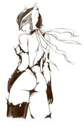 Rule 34 | 1girl, ass, back, boots, cropped legs, doronjo, elbow gloves, from behind, gloves, greyscale, leotard, long hair, looking at viewer, looking back, mask, monochrome, noise (tsuzuki), sketch, solo, tatsunoko production, thigh boots, thighhighs, time bokan (series), torn clothes, torn leotard, yatterman