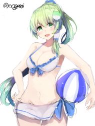 Rule 34 | 1girl, alternate hairstyle, ball, beachball, bikini, blush, breasts, cleavage, colorized, frog hair ornament, green eyes, green hair, hair ornament, hair tubes, highres, kochiya sanae, long hair, matching hair/eyes, navel, open mouth, ponytail, sarong, simple background, sketch, smile, solo, swimsuit, touhou, twitter username, white background, wowoguni