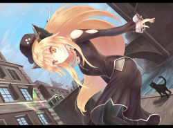 Rule 34 | 1girl, animal ears, bad id, bad pixiv id, blonde hair, bug, butterfly, canal, cat, cat ears, city, day, dutch angle, hat, bug, letterboxed, long hair, original, sky, slit pupils, sts, very long hair, yellow eyes
