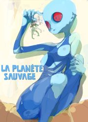 Rule 34 | 2girls, alien, amiami, blue skin, breast cutout, breasts, colored sclera, colored skin, copyright name, giant, giantess, la planete sauvage, monster girl, multiple girls, red eyes, red sclera, tail, white hair