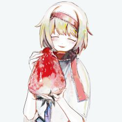 Rule 34 | 1girl, alice margatroid, blonde hair, blue dress, blush, capelet, chinese commentary, closed eyes, commentary request, cookie (touhou), dress, food, food bite, fruit, highres, holding, holding food, holding fruit, ichigo (cookie), name connection, neckerchief, object namesake, on ( l0 ), open mouth, oversized food, oversized object, red neckerchief, short hair, simple background, solo, strawberry, touhou, upper body, white background, white capelet