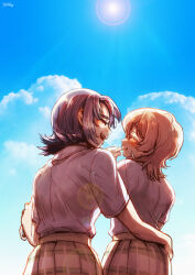 2girls :d :t arm_around_waist backlighting blonde_hair blue_sky blunt_bangs blush closed_eyes cloud collared_shirt commentary_request cowboy_shot curtained_hair day flipped_hair hair_between_eyes happy highres holding kusunoki_muu lens_flare medium_hair milgram multiple_girls open_mouth outdoors parted_bangs plaid_clothes plaid_skirt pleated_skirt purple_hair raised_eyebrows rei_(milgram) shirt shirt_tucked_in short_sleeves signature skirt sky smile sun tatugon teeth thick_eyebrows upper_teeth_only yuri