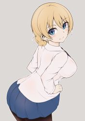 Rule 34 | 10s, 1girl, absurdres, black pantyhose, blonde hair, blue eyes, blue skirt, blue sweater, blush, braid, closed mouth, clothes lift, commentary, cowboy shot, darjeeling (girls und panzer), dress shirt, flying sweatdrops, from side, girls und panzer, highres, kuku123, leaning forward, long sleeves, looking at viewer, looking back, miniskirt, one-hour drawing challenge, pantyhose, pleated skirt, school uniform, see-through, shirt, short hair, skirt, skirt lift, smile, solo, st. gloriana&#039;s school uniform, standing, sweater, untucked shirt, v-neck, white shirt