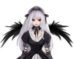 Rule 34 | 1girl, breasts, dress, gothic lolita, hairband, lolita fashion, long hair, red eyes, rozen maiden, silver hair, simple background, solo, suigintou, wings