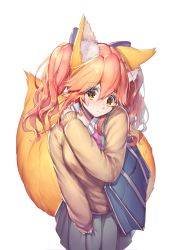 Rule 34 | 1girl, animal ear fluff, animal ears, blazer, blue ribbon, blush, breasts, cardigan, commentary, commentary request, embarrassed, fate/extra, fate/extra ccc, fate/grand order, fate (series), fox ears, fox girl, fox tail, hair ribbon, jacket, long hair, looking at viewer, medium breasts, mogullaz, multiple tails, official alternate costume, pink hair, pleated skirt, ribbon, school uniform, simple background, skirt, solo, sweat, tail, tamamo (fate), tamamo no mae (fate/extra), twintails, white background, yellow eyes