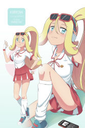 Rule 34 | 1girl, absurdres, adapted costume, alternate costume, aqua eyes, artist name, badge, blonde hair, blue footwear, blush, cellphone, character name, commentary, creatures (company), english commentary, english text, fingerless gloves, game freak, gloves, hand on own head, hand on own hip, highres, korrina (pokemon), leg up, long hair, looking at viewer, mega stone, multiple views, nail polish, naughty face, nintendo, on floor, panties, pantyshot, phone, pokemon, pokemon xy, ponytail, red-framed eyewear, scarletsky, shoes, sidelocks, sitting, smile, sneakers, socks, sunglasses, thighs, underwear, uniform, wavy mouth
