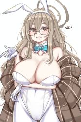 Rule 34 | 1girl, absurdres, akane (blue archive), akane (bunny) (blue archive), animal ears, bare shoulders, black-framed eyewear, blue archive, bow, bowtie, covered navel, detached sleeves, dz kero, glasses, gloves, green bow, green bowtie, halo, highres, leotard, light brown hair, long hair, looking at viewer, pantyhose, plaid shawl, playboy bunny, rabbit ears, shawl, simple background, skin tight, smile, solo, very long hair, white gloves, white leotard, white pantyhose