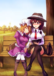 Rule 34 | 2girls, absurdres, bag, bench, black legwear, blonde hair, blue sky, blush, boots, breasts, brown eyes, brown hair, day, dress, holding hands, hat, hat ribbon, height difference, highres, juliet sleeves, koissa, large breasts, leaning on person, crossed legs, long sleeves, maribel hearn, miniskirt, mob cap, multiple girls, necktie, open mouth, pantyhose, park, path, pleated skirt, puffy sleeves, purple dress, ribbon, road, sitting, skirt, sky, sleeping, sleeping upright, thighhighs, touhou, usami renko, white legwear, zettai ryouiki