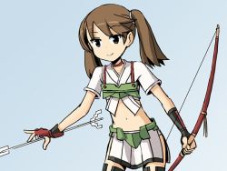 Rule 34 | 1girl, arrow (projectile), blue background, bow (weapon), brown eyes, brown hair, choker, cosplay, fingerless gloves, flat chest, gloves, holding, holding weapon, japanese clothes, kantai collection, katsuragi (kancolle) (cosplay), katsuragi (kancolle), matching hair/eyes, midriff, miniskirt, navel, ryuujou (kancolle), side slit, simple background, sixten, skirt, smile, solo, twintails, weapon