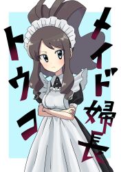 Rule 34 | 1girl, alternate costume, apron, asamaru1225, black dress, blue eyes, brown hair, closed mouth, creatures (company), crossed arms, dress, game freak, high ponytail, highres, hilda (pokemon), light frown, long hair, looking at viewer, maid, maid apron, maid headdress, nintendo, pokemon, pokemon bw, ponytail, puffy short sleeves, puffy sleeves, short sleeves, solo