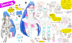 Rule 34 | 10s, 1girl, aqua eyes, blue hair, bow, breasts, character sheet, colored inner hair, hair bow, heart, highres, jpeg artifacts, leg warmers, medium breasts, multicolored hair, multiple views, panty &amp; stocking with garterbelt, skirt, stocking (psg), striped clothes, striped thighhighs, thighhighs, translation request, turnaround, wings, wokara