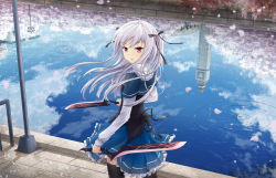 Rule 34 | 10s, 1girl, absolute duo, ahoge, asakurashinji, black thighhighs, cowboy shot, day, dual wielding, holding, long hair, outdoors, petals, red eyes, reflection, river, silver hair, solo, sword, thighhighs, two side up, weapon, yurie sigtuna