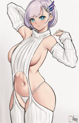 Rule 34 | 1girl, absurdres, aqua eyes, armpits, black outline, braid, breasts, detached sleeves, dynorz, earrings, french braid, gradient background, grey hair, hair ornament, highres, hololive, hololive indonesia, jewelry, large breasts, looking at viewer, meme attire, midriff, navel, outline, panties, pavolia reine, short hair, sideboob, simple background, skindentation, solo, standing, thick thighs, thighs, underwear, virgin destroyer sweater, virtual youtuber, white panties