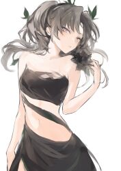 Rule 34 | 1girl, bare arms, bare shoulders, black hair, breasts, grey eyes, hand up, long hair, lpip, navel, original, parted bangs, simple background, small breasts, solo, two side up, white background