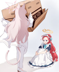 Rule 34 | 2girls, akira (blue archive), apron, back, blue archive, blue bow, blue bowtie, bow, bowtie, box, cardboard box, carrying, cat girl, cat tail, collared shirt, commentary request, forehead, frilled apron, frills, gloom (expression), gloves, halo, highres, holding, holding box, hugging own legs, knees up, long hair, long sleeves, looking at another, maid, maid apron, maid headdress, multiple girls, nervous, official alternate costume, official alternate hairstyle, pants, parted bangs, pink hair, ponytail, purple eyes, red hair, seiunblue, shirt, short sleeves, sidelocks, simple background, sitting, tail, tearing up, white apron, white background, white gloves, white pants, yuzu (blue archive), yuzu (maid) (blue archive)