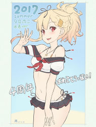 Rule 34 | 10s, 1girl, adapted costume, alternate costume, alternate hairstyle, anchor necklace, bare shoulders, bikini, blonde hair, blush, braid, breasts, cleavage, crop top, dan (kumadan), fangs, french braid, hair flaps, hair ornament, hair ribbon, jewelry, kantai collection, looking at viewer, md5 mismatch, microskirt, navel, necklace, open mouth, red eyes, resolution mismatch, ribbon, side-tie bikini bottom, sketch, skirt, small breasts, smile, solo, source larger, swimsuit, yuudachi (kancolle), yuudachi kai ni (kancolle)