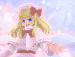 Rule 34 | 1girl, blonde hair, blue eyes, capelet, fairy, female focus, fujisaki subaru, hat, lily white, long sleeves, multiple wings, open mouth, pale color, pink theme, ribbon, solo, touhou, wings