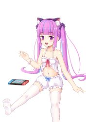Rule 34 | 1girl, absurdres, animal ear fluff, animal ears, bare shoulders, blue hair, blush, breasts, cat ears, collarbone, commentary request, fake animal ears, hair ornament, hair ribbon, highres, hololive, long hair, looking at viewer, minato aqua, multicolored hair, navel, nintendo switch, no shoes, open mouth, purple eyes, purple hair, ribbon, shu pian, small breasts, smile, solo, teeth, thighhighs, twintails, two-tone hair, upper teeth only, virtual youtuber, white thighhighs