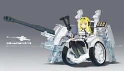Rule 34 | 1girl, black pantyhose, black ribbon, blonde hair, blue eyes, cannon, commentary request, full body, gradient background, grey background, hair ribbon, highres, long hair, looking at viewer, missile pod, original, pantyhose, puribate (helgoland), ribbon, sitting, solo, wheelchair