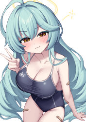 Rule 34 | 1girl, absurdres, abydos high school swimsuit, ahoge, bandaid, bare arms, bare legs, bare shoulders, black one-piece swimsuit, blue archive, blush, breasts, cleavage, closed mouth, collarbone, cowboy shot, green hair, groin, halo, highres, huge ahoge, large breasts, long hair, metaljelly, one-piece swimsuit, simple background, solo, swimsuit, v, white background, yellow eyes, yellow halo, yume (blue archive)