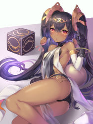 Rule 34 | 1girl, ass, black gloves, black hair, blush, box, bracelet, breasts, dark skin, dark-skinned female, detached sleeves, feet out of frame, gloves, highres, jewelry, long hair, looking at viewer, lying, mizuya nao, nephtim (world flipper), on side, open mouth, red eyes, ribs, see-through, sideboob, small breasts, solo, thighs, twintails, very long hair, world flipper