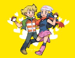 Rule 34 | 1boy, 1girl, barry (pokemon), beanie, blonde hair, blush, boots, brown eyes, commentary request, creatures (company), dawn (pokemon), eye contact, eyelashes, game freak, green scarf, hair ornament, hairclip, hand up, hat, heart, holding, holding poke ball, hunnyamai, long hair, looking at another, nintendo, open mouth, orange scarf, over-kneehighs, pants, pink footwear, pixel art, poke ball, poke ball (basic), pokemon, pokemon dppt, scarf, shoes, signature, smile, teeth, thighhighs, yellow background