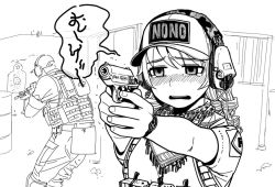 Rule 34 | 1boy, 1girl, aimming, ammunition belt, ammunition pouch, bad id, bad pixiv id, bandana, barrel, blush, bulletproof vest, catchphrase, character name, clothes writing, commentary request, drill hair, ear protection, finger on trigger, greyscale, gun, handgun, hat, idolmaster, idolmaster cinderella girls, keffiyeh, military, military uniform, monamin, monochrome, morikubo nono, name tag, open mouth, pouch, rifle, shooting range, sketch, solo focus, speech bubble, standing, target practice, tearing up, tears, trembling, uniform, watch, weapon, wristwatch