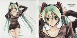 Rule 34 | 1girl, absurdres, artist request, booklet, english text, green eyes, green hair, hands on headphones, hatsune miku, headphones, highres, long hair, looking at viewer, no pants, panties, scan, scan artifacts, shirt, simple background, striped clothes, striped panties, striped shirt, thigh gap, twintails, underwear, vocaloid, zoom layer