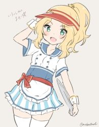 Rule 34 | 1girl, :d, alternate costume, alternate hairstyle, apron, blonde hair, blue eyes, blue skirt, blush, bow, collared shirt, commentary, cowboy shot, dress, dutch angle, frilled dress, frilled skirt, frills, girls und panzer, grey background, hair intakes, hair ornament, hair up, hand on headwear, hat, holding, holding tray, kay (girls und panzer), long hair, looking at viewer, medium hair, miniskirt, one-hour drawing challenge, open mouth, ponytail, red bow, red hat, red sash, sailor collar, sash, seo kichi, shirt, short sleeves, simple background, skirt, smile, solo, standing, star (symbol), star hair ornament, striped clothes, striped skirt, thighhighs, translated, tray, twitter username, vertical-striped clothes, vertical-striped skirt, visor cap, waist apron, waitress, white apron, white shirt, white thighhighs, wrist cuffs, zettai ryouiki
