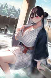 Rule 34 | 1girl, black hair, blush, breasts, cleavage, closed mouth, collarbone, commentary request, highres, japanese clothes, large breasts, long hair, long sleeves, looking at viewer, onsen, original, outdoors, pink eyes, sitting, smile, solo, thighs, yamanokami eaka