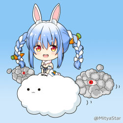 Rule 34 | 1girl, :3, :d, animal ear fluff, animal ears, black gloves, blue background, blue hair, blush, braid, breasts, carrot hair ornament, chibi, cleavage, cloud, commentary request, detached sleeves, dress, food-themed hair ornament, fur-trimmed gloves, fur trim, gloves, gradient background, hair between eyes, hair ornament, hololive, long hair, mitya, multicolored hair, open mouth, puffy short sleeves, puffy sleeves, rabbit ears, red eyes, round teeth, short eyebrows, short sleeves, small breasts, smile, solid circle eyes, solo, strapless, strapless dress, teeth, thick eyebrows, twin braids, twitter username, two-tone hair, upper teeth only, usada pekora, usada pekora (1st costume), very long hair, virtual youtuber, white dress, white hair, white sleeves