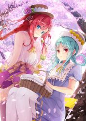 Rule 34 | 2girls, basket, black legwear, blue dress, blue eyes, blue hair, bow, braid, brown hat, cherry blossoms, closed mouth, dress, dutch angle, eyebrows, flower, food, frills, from below, hair bow, hair ornament, hairclip, hat, hat flower, hat ribbon, highres, hinabita, holding, holding food, hopper, lace, lace-trimmed legwear, lace-trimmed skirt, lace trim, lens flare, long hair, looking at viewer, multiple girls, neck ribbon, on chair, outdoors, pantyhose, parted lips, petals, picnic basket, purple flower, purple skirt, red hair, ribbon, scrunchie, see-through, shade, shinonome kokona, shinonome natsuhi, siblings, sidelocks, sisters, sitting, skirt, smile, sound voltex, spring (season), thighhighs, top hat, tree, twin braids, twins, twintails, under tree, white bow, white legwear, white ribbon, wrist scrunchie, yellow flower, yellow ribbon