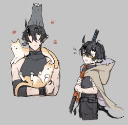Rule 34 | 1boy, aged down, arknights, bandages, birb b304, bishounen, black hair, cape, cat, child, flamebringer (arknights), male focus, material growth, orange eyes, oripathy lesion (arknights), paw print, pointy ears, scar, short hair, simple background, sleeveless, toned, toned male, upper body