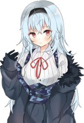 Rule 34 | 1girl, bad id, bad twitter id, black gloves, black hairband, blue hair, blush, breasts, camouflage, closed mouth, feather-trimmed jacket, feather trim, girls&#039; frontline, gloves, hair between eyes, hairband, highres, hino6197, jacket, light blue hair, long hair, long sleeves, neck ribbon, red eyes, red ribbon, ribbon, simple background, solo, thunder (girls&#039; frontline), white background