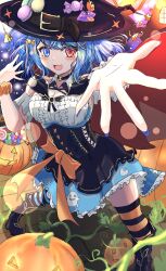Rule 34 | 1girl, :3, :d, absurdres, black headwear, black thighhighs, blue eyes, blue hair, blue skirt, breasts, candy, commentary request, fang, food, frilled skirt, frills, halloween bucket, halloween costume, heterochromia, highres, jack-o&#039;-lantern, lobstrater64, looking at viewer, medium breasts, open mouth, orange thighhighs, red eyes, short hair, skirt, smile, solo, striped clothes, striped thighhighs, tatara kogasa, thighhighs, touhou