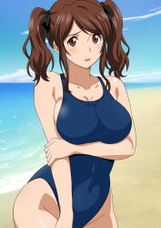 Rule 34 | 1girl, amagami, beach, black ribbon, blue one-piece swimsuit, blue sky, breasts, brown eyes, brown hair, cleavage, cloud, covered navel, cowboy shot, day, hair ribbon, highres, horizon, large breasts, long hair, nakata sae, new school swimsuit, ocean, one-piece swimsuit, outdoors, ribbon, school swimsuit, sky, solo, swimsuit, twintails, yuuyuu (3jjbn)