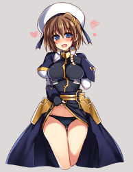 Rule 34 | 00s, 1girl, :d, armor, black gloves, black panties, blue eyes, blush, breasts, brown hair, clothes lift, faulds, fingerless gloves, gloves, gluteal fold, grey background, hair ornament, hat, heart, impossible clothes, juliet sleeves, long sleeves, looking at viewer, lyrical nanoha, mahou shoujo lyrical nanoha strikers, navel, open mouth, panties, puffy sleeves, raiou, short hair, simple background, skirt, skirt lift, smile, solo, underwear, x hair ornament, yagami hayate