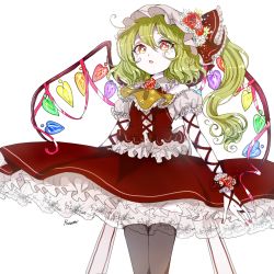 Rule 34 | 1girl, :o, ahoge, arm ribbon, black thighhighs, blonde hair, collared shirt, dress, embellished costume, flandre scarlet, flower, frilled skirt, frills, gem, glint, glitter, hat, hat flower, heart, jewelry, looking at viewer, pale skin, petticoat, red eyes, ribbon, rose, rosette (roze-ko), shirt, short hair with long locks, signature, simple background, skirt, solo, thighhighs, touhou, vest, wing ribbon, wings, wrist cuffs