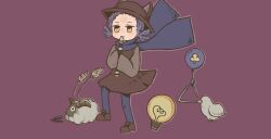 Rule 34 | 1other, :3, androgynous, animal, animal ears, animal hat, balloon, bird, blue hair, blue pantyhose, blue scarf, brown dress, brown footwear, brown hat, co8, dress, floating scarf, flute, full body, goat horns, grey outline, grey shirt, hat, holding, holding flute, holding instrument, horns, instrument, light bulb, looking ahead, music, niko (oneshot), oneshot (game), other focus, pantyhose, playing instrument, purple background, recorder, scarf, sheep, shirt, short hair, simple background, sleeveless, sleeveless dress, sleeves past fingers, sleeves past wrists, solo, standing, triangle (instrument), very long sleeves, white bird, wide sleeves, yellow eyes