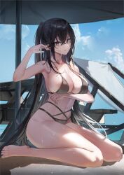Rule 34 | 1girl, arm under breasts, azur lane, beach umbrella, bench, bikini, black bikini, blue sky, breasts, cloud, day, full body, highres, large breasts, long hair, looking at viewer, maanu, navel, one side up, outdoors, parted lips, red eyes, sitting, sky, solo, stomach, swimsuit, table, taihou (azur lane), umbrella, very long hair, wariza