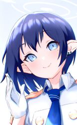 Rule 34 | aoi (blue archive), blue archive, blue eyes, blue hair, blush, collared shirt, earrings, epaulettes, exxe mkii, gloves, halo, hand up, highres, jewelry, looking at viewer, mole, mole under eye, necktie, pointy ears, shirt, short hair, slit pupils, smile, upper body