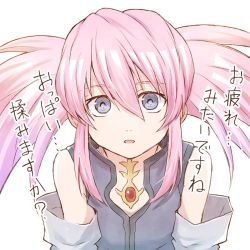 Rule 34 | 1girl, blue eyes, elbow gloves, gloves, long hair, looking at viewer, mishiro (andante), open mouth, pink hair, presea combatir, simple background, solo, tales of (series), tales of symphonia, twintails, white background