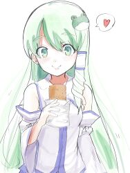 Rule 34 | 1girl, breasts, closed mouth, detached sleeves, food, food request, frog hair ornament, green eyes, green hair, hair between eyes, hair ornament, hair tubes, heart, highres, holding, holding food, kochiya sanae, long hair, looking at viewer, medium breasts, one-hour drawing challenge, petarikooo, shirt, simple background, sleeveless, sleeveless shirt, smile, snake hair ornament, solo, speech bubble, spoken heart, touhou, upper body, very long hair, white background, white shirt, wide sleeves