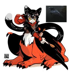 Rule 34 | 1girl, alternate species, animal ears, armor, bird, bird wings, black fur, black hair, black wings, blush stickers, body fur, bxnke, cat ears, cat girl, cat tail, chimera, claws, commentary, dungeon meshi, english commentary, fang, feathered wings, fork, from side, full body, highres, holding, holding fork, holding spoon, izutsumi, long hair, looking at viewer, monster girl, photo inset, pointy ears, red scarf, reference inset, scales, scarf, short hair, simple background, slit pupils, solo, spoon, tail, white background, wings, wooden fork, wooden spoon, yellow eyes