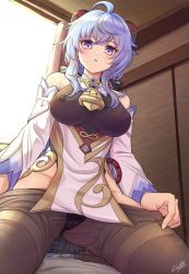 1girl absurdres bare_shoulders black_panties blue_hair breasts covered_erect_nipples ganyu_(genshin_impact) genshin_impact gloves highres horns long_sleeves looking_at_viewer medium_breasts open_mouth panties pantyhose pinkmarine see-through_clothes underwear