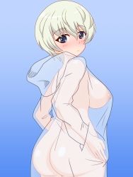 Rule 34 | 1girl, ass, blue background, blue eyes, blush, breasts, closed mouth, collarbone, girls und panzer, gogopaint, gradient background, highres, large breasts, looking at viewer, looking back, navel, nipples, see-through, short hair, simple background, solo, white hair, youko (girls und panzer)